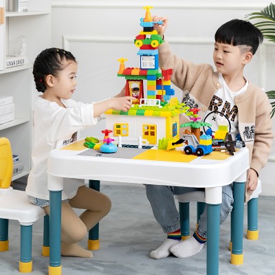 Children kindergarten educational plastic toy brick baby temperature indoor building blocks table and chair set